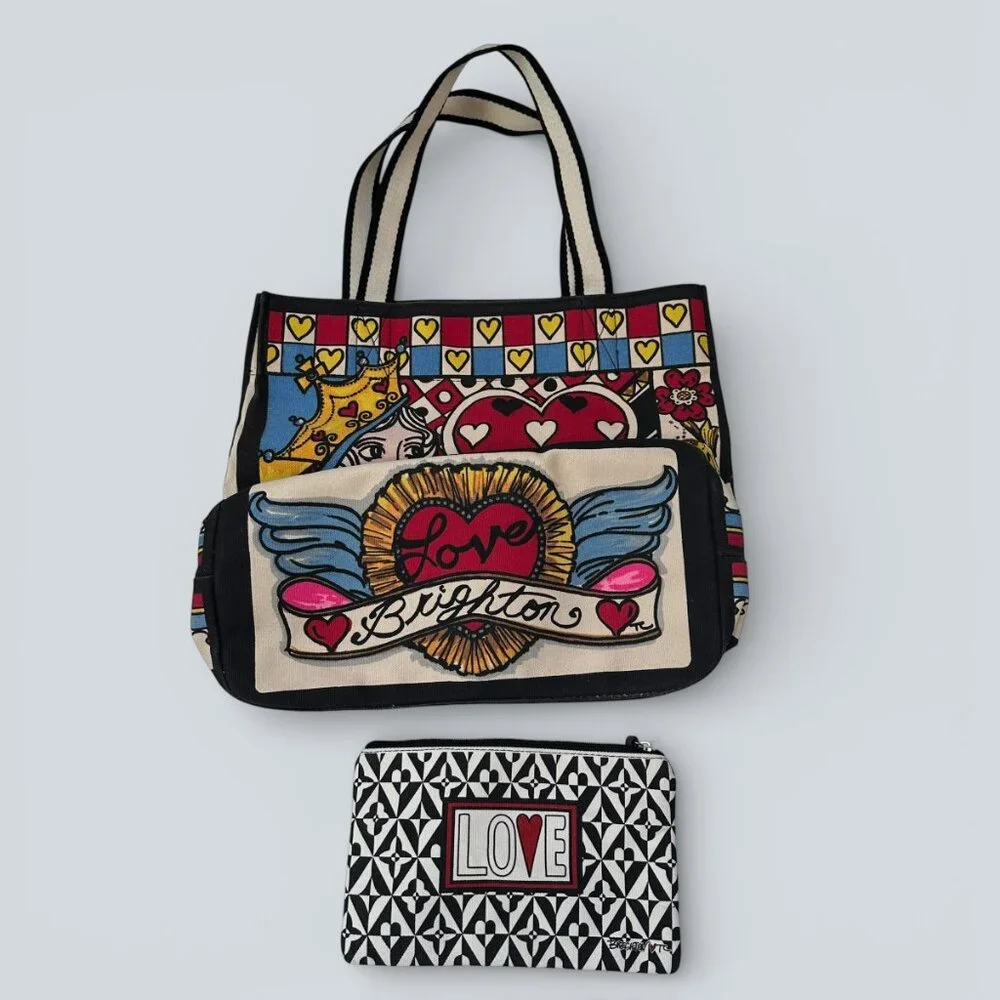 Set of BRIGHTON Canvas QUEEN OF LOVE Tote PLUS Zippered LOVE Pouch New - Picture 2 of 6